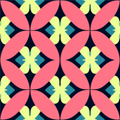 Vibrant and eye catching, a repeating fabric pattern on a black backdrop features a mesmerizing blend of pink, blue, and yellow hues.