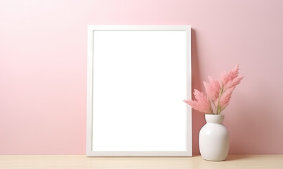 Mockup poster frame on the wall of the modern Scandi Style room. Minimalist style interior. Simple light pink background wall. Modern interior design, generative ai.
