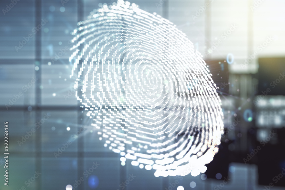 Poster multi exposure of virtual abstract fingerprint illustration on a modern conference room background, 
