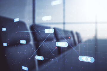 Multi exposure of abstract software development hologram on a modern meeting room background,...