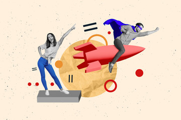 Artwork collage illustration flying space rocket superhero man achievement career ambitious person success isolated on beige background