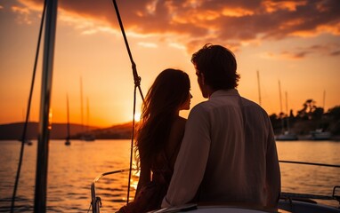 Fototapeta na wymiar A couple standing on a boat, enjoying a beautiful sunset. AI