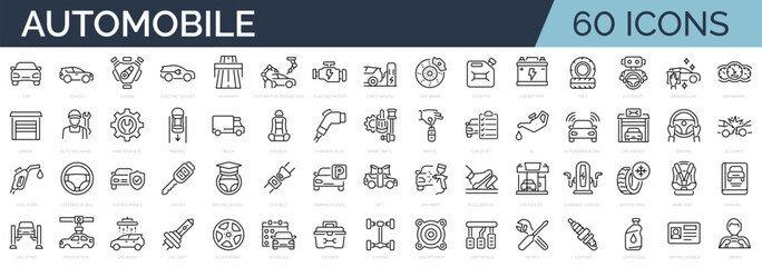Set of 60 outline icons related to car, auto, automobile. Linear icon collection. Editable stroke. Vector illustration - obrazy, fototapety, plakaty