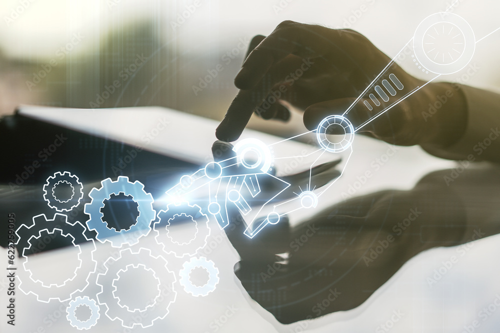 Leinwandbilder creative abstract robotics technology hologram and finger presses on a digital tablet on background,