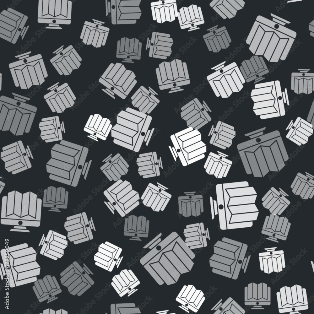 Poster grey location of the forest on a map in monitor icon isolated seamless pattern on black background. 