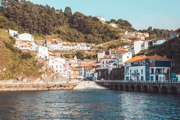 Cudillero, beautiful and touristic fishing village located in Asturias, copy space, travel concept, vacations, summer.