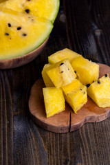 Sliced ripe yellow watermelon, close up