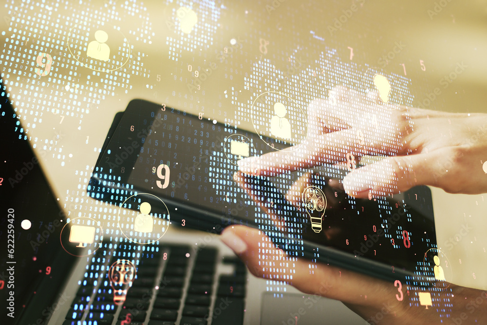 Poster double exposure of social network icons concept with world map and finger clicks on a digital tablet