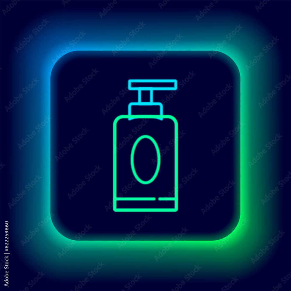 Poster glowing neon line cream or lotion cosmetic tube icon isolated on black background. body care product