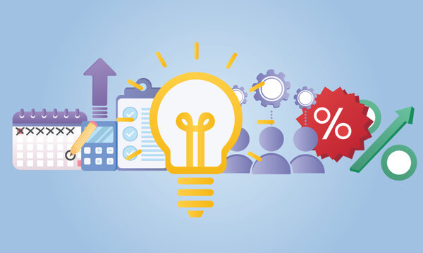 Startup, business plan, project development, from idea to realisation. Creative concept.on blue background.Vector Design Illustration.
