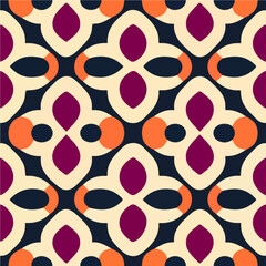 Vibrant orange and purple geometric patterns form a mesmerizing art deco design against a sleek black backdrop, creating a captivating repeating fabric pattern.