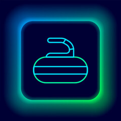Obraz premium Glowing neon line Stone for curling sport game icon isolated on black background. Sport equipment. Colorful outline concept. Vector