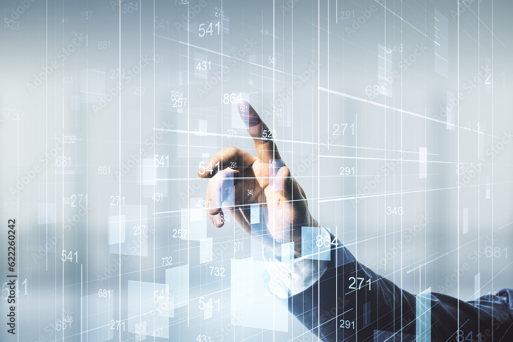 Poster man hand working with abstract virtual stats data hologram on blurred office background. multiexposu