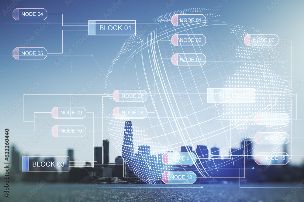 Aufkleber abstract virtual coding concept and world map hologram on san francisco skyline background. multiexp