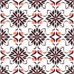 Bold red and black flower pattern against a white backdrop, showcasing an art deco aesthetic with intricate fractal muqarnas elements, creating a seamless and captivating pattern design.