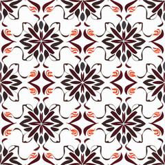 Bold red and black flower pattern against a white backdrop, showcasing an art deco aesthetic with intricate fractal muqarnas elements, creating a seamless and captivating pattern design.