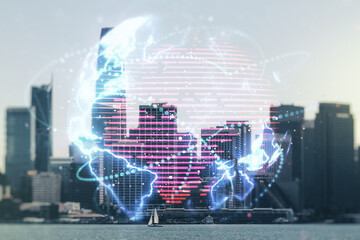 Double exposure of abstract digital world map hologram with connections on San Francisco office...