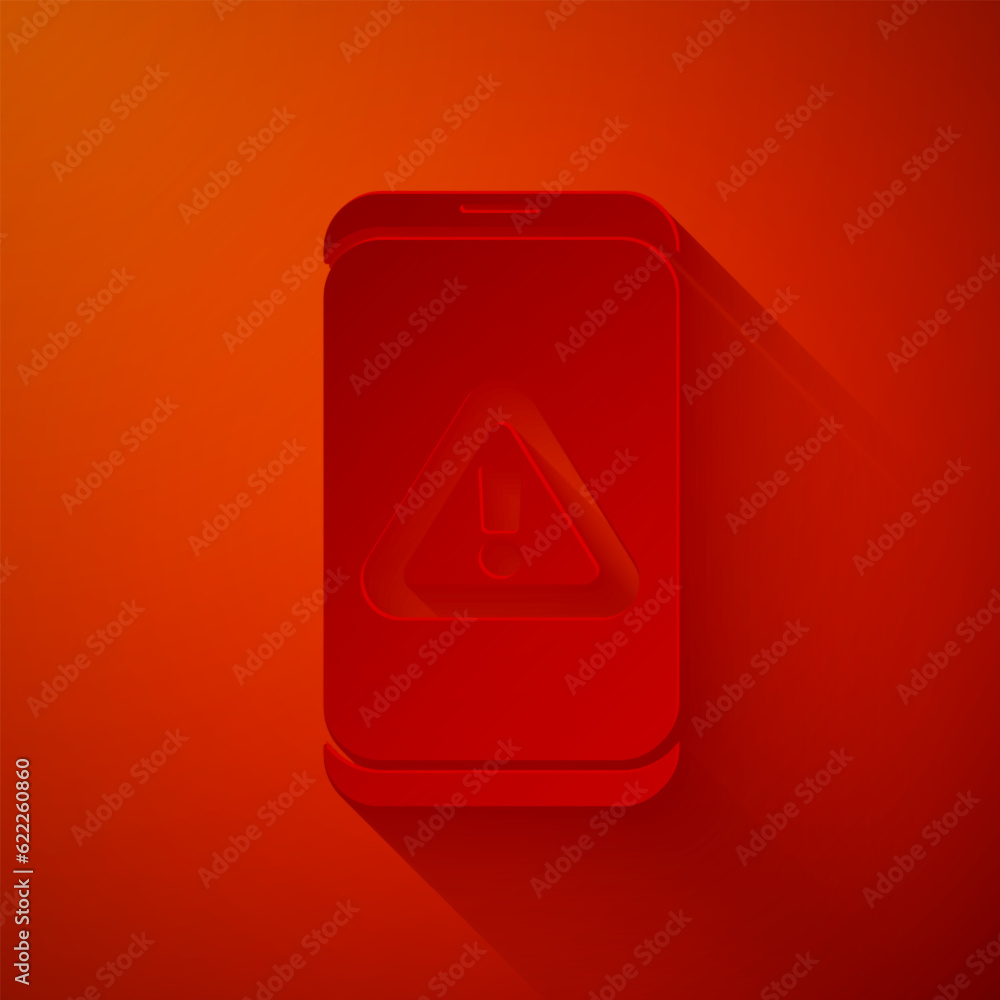 Poster paper cut mobile phone with exclamation mark icon isolated on red background. alert message smartpho