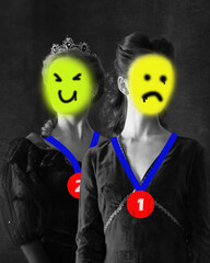 Naklejka premium Contemporary art collage. Win and lose. Two women, royal persons showing diversity of emotions. Doodles