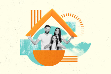 Composite funny collage of three people family parents buy new home schoolgirl kid rate thumbs up...