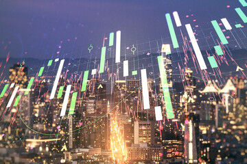Double exposure of abstract creative financial chart hologram on San Francisco skyscrapers background, research and strategy concept