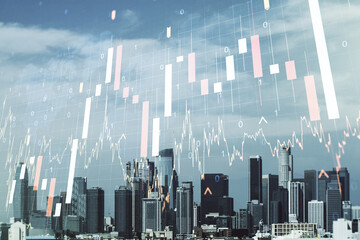 Fototapeta na wymiar Abstract creative financial graph and world map on Los Angeles cityscape background, financial and trading concept. Multiexposure