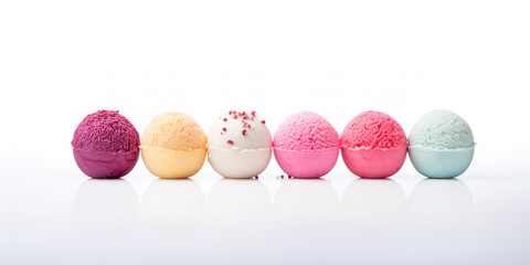 Obraz premium Ice cream balls isolated on white background with copy space. Scoops of delicious multicolored milk ice cream in a line, assortment of flavors. Generative AI.