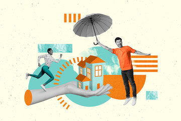 Creative illustration collage picture of two neighbors man fly parasol residential complex...