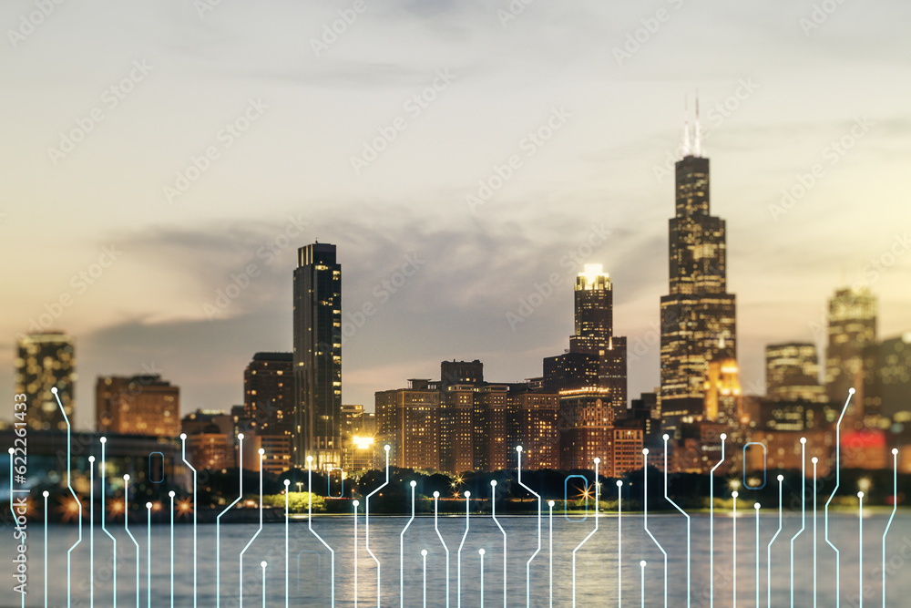 Aufkleber double exposure of abstract virtual circuit hologram on chicago city skyscrapers background. researc