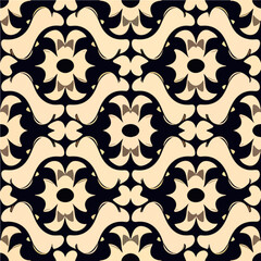 This black and white damask pattern on a white backdrop showcases ornate geometric shapes, evoking an art deco aesthetic.
