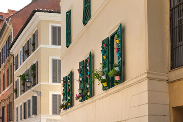 Mediterranean building with  window shutters and green flowers