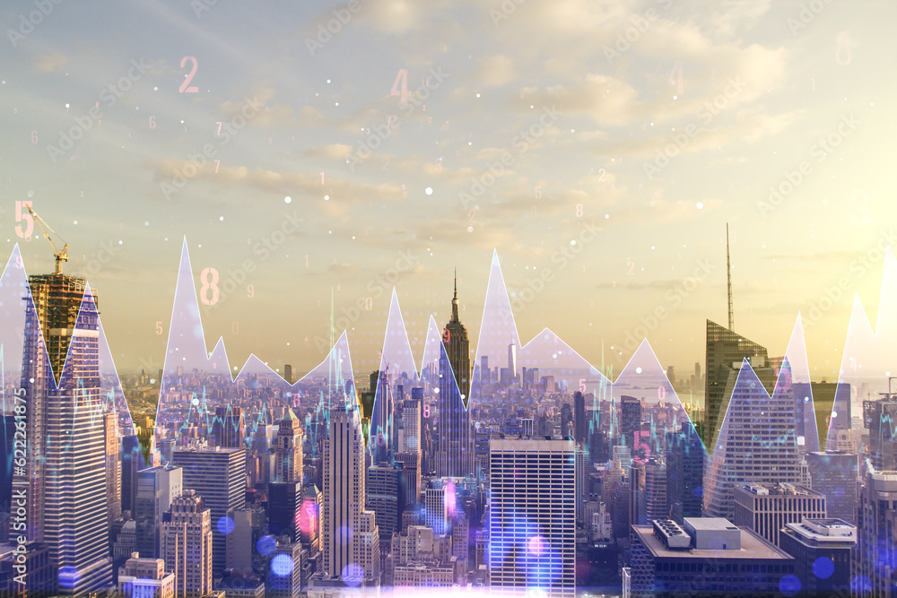 Poster multi exposure of abstract statistics data hologram interface on manhattan office buildings backgrou