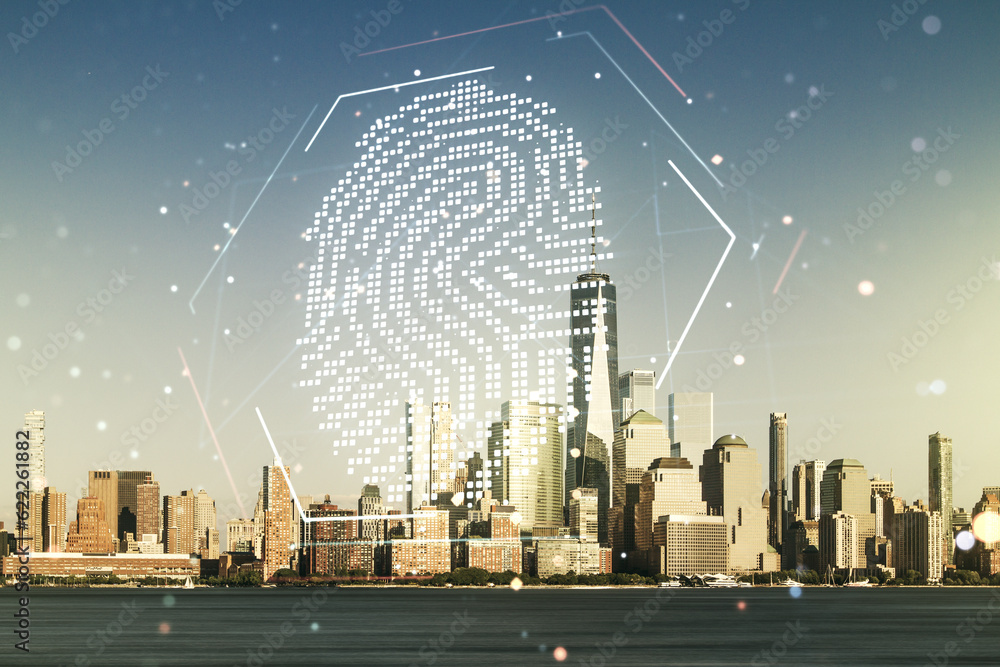 Poster multi exposure of virtual graphic fingerprint sketch on manhattan cityscape background, fingerprint 