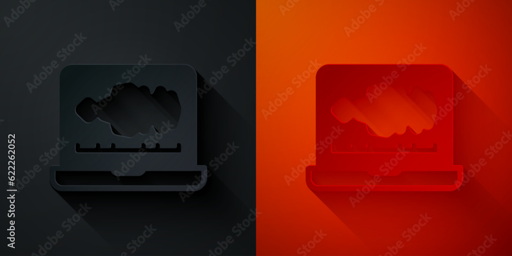 Poster paper cut sound or audio recorder or editor software on laptop icon isolated on black and red backgr