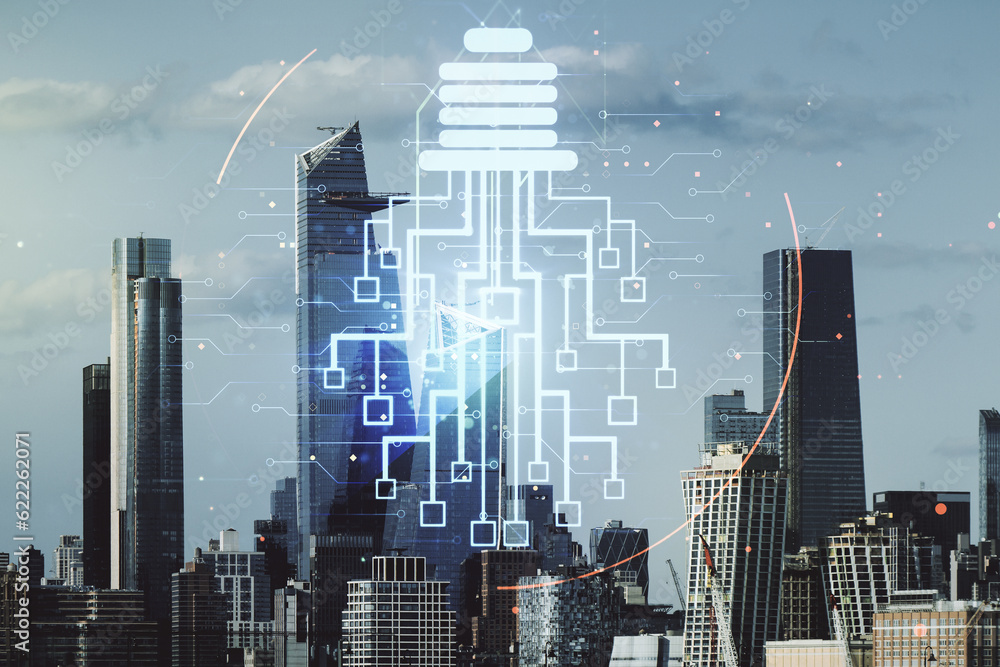 Poster virtual creative idea concept with light bulb and microcircuit illustration on new york city skyline