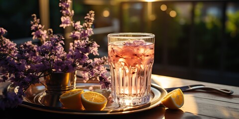 Obraz premium AI Generated. AI Generative. Lavender cocktails with plant flower. Refresh beverage drink in glass on susnset evening on wood table. Party family vibe. Graphic Art