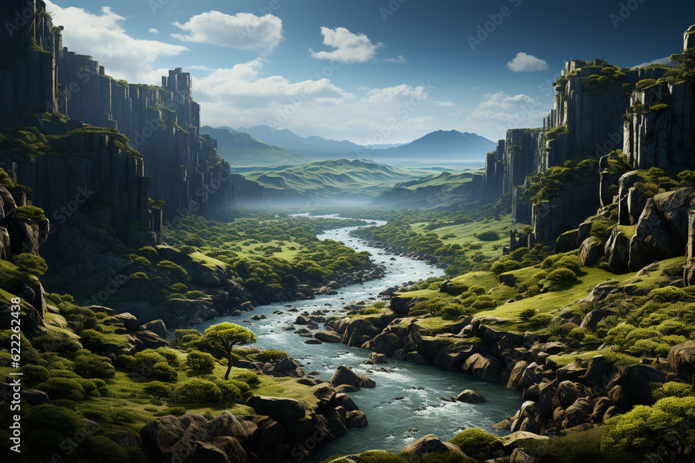 Poster An aerial view of a winding river snaking through a lush green valley, surrounded by towering cliffs and dotted with small boats.  Generative AI technology.