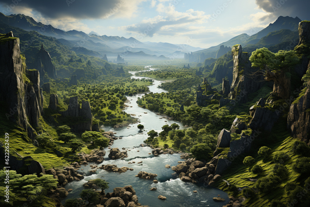 Poster an aerial view of a winding river snaking through a lush green valley, surrounded by towering cliffs
