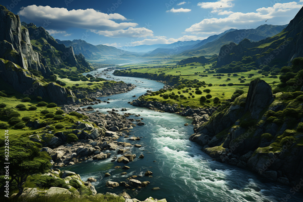 Poster an aerial view of a winding river snaking through a lush green valley, surrounded by towering cliffs
