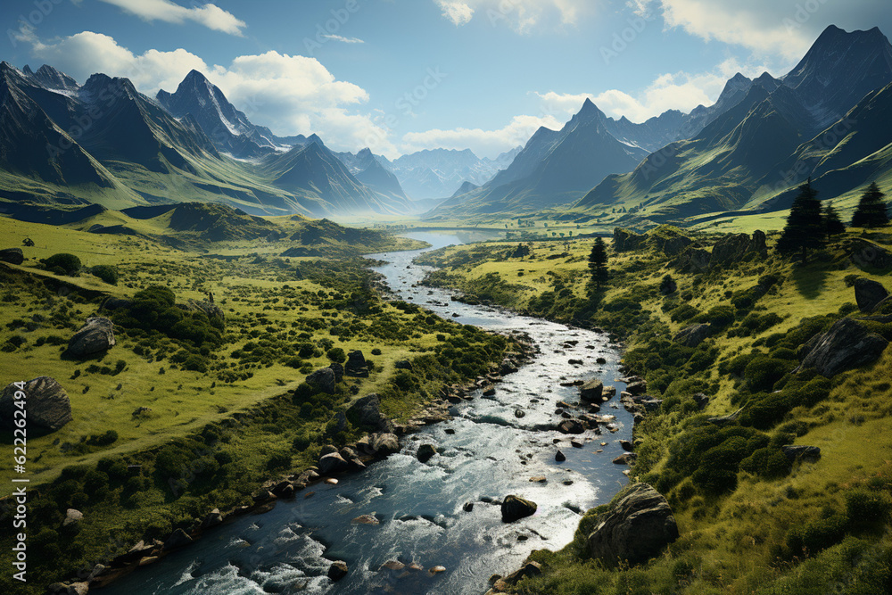 Poster an aerial view of a winding river snaking through a lush green valley, surrounded by towering cliffs