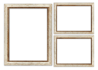 Modern grunge set of three mockup frames of rough light brown natural wood on transparent background
