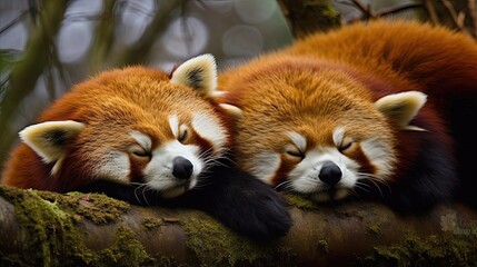 Furry red pandas peacefully napping in the treetops. These captivating creatures, with their vibrant red fur and fluffy tails, find comfort in the branches. Generated by AI.