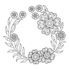 Big flower wreath hand drawn for adult coloring book