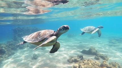 Gentle sea turtles as they gracefully glide through the vastness of the ocean. These majestic beings, with their resilient shells and serene expressions. Generated by AI.