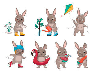 Set of illustrations of hares with different activities. Vector graphic.