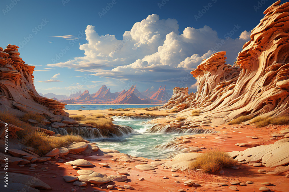 Poster a desert landscape, with vast stretches of sand dunes sculpted by the wind and punctuated by cluster