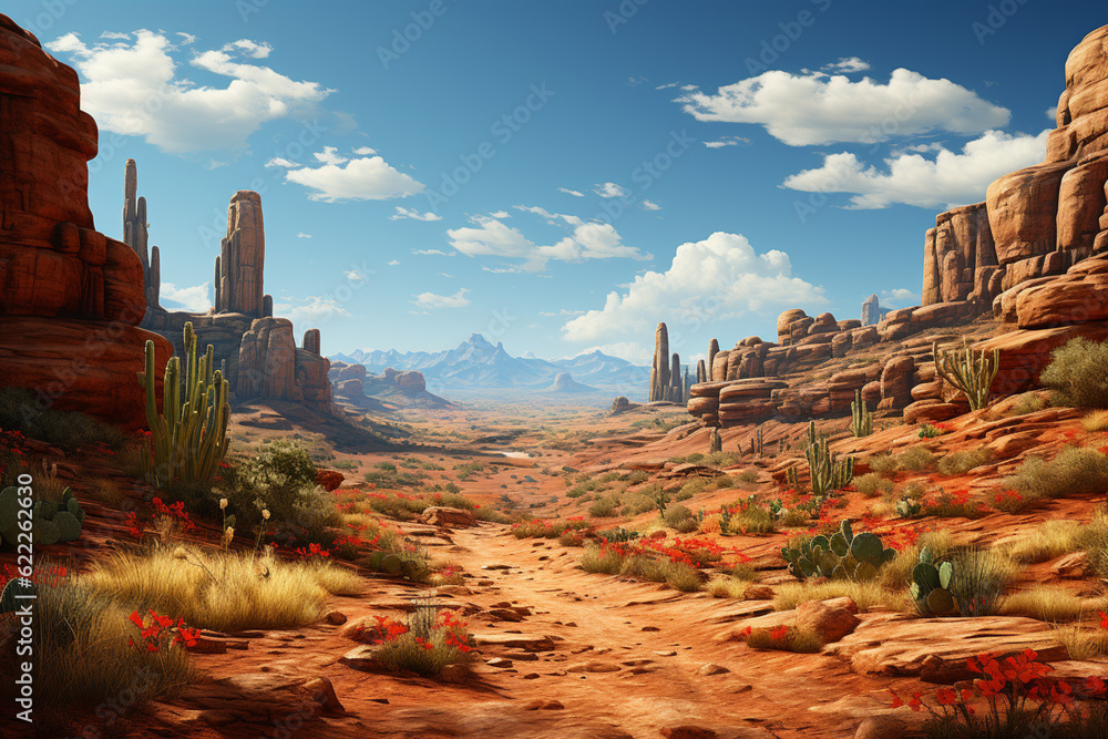 Poster a desert landscape, with vast stretches of sand dunes sculpted by the wind and punctuated by cluster