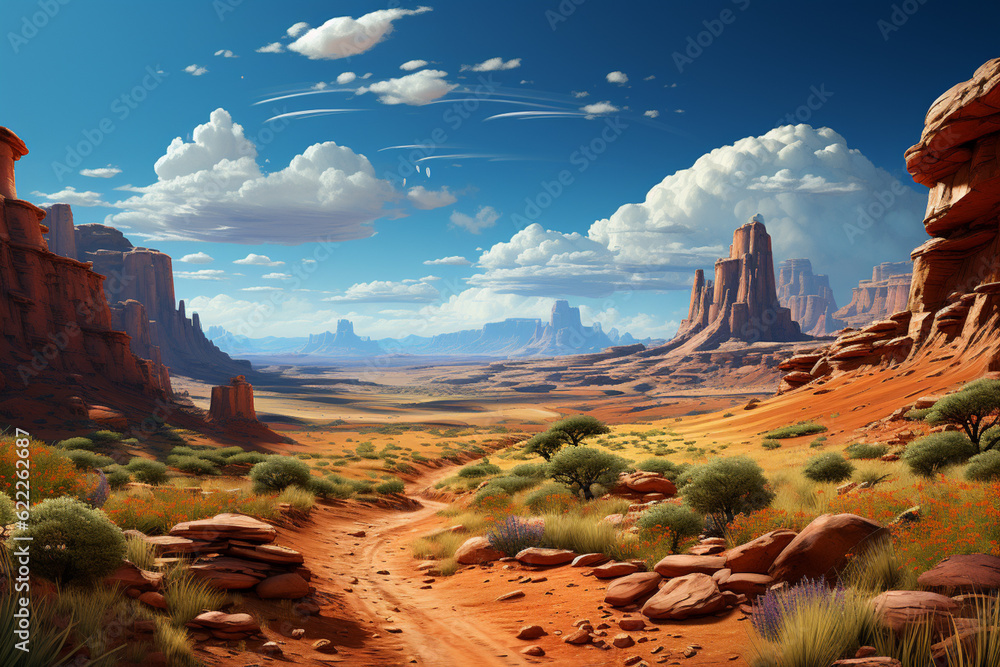 Poster a desert landscape, with vast stretches of sand dunes sculpted by the wind and punctuated by cluster