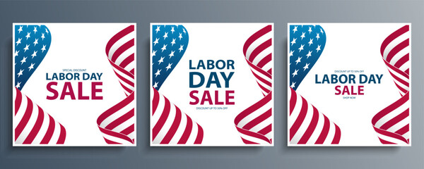 Labor Day Sale. United States Labor Day commercial set with American national flag background. USA national holiday sales promotion. Vector illustration.
