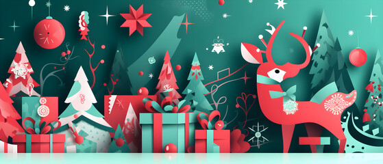 Festive Christmas Delight Reindeer, Gift Boxes, and a Joyful Holiday Background in an Illustration generative ai